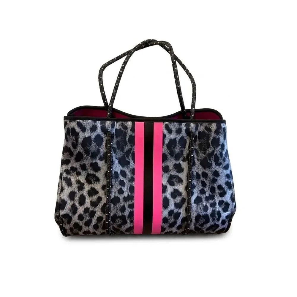 Haute Shore Grey Black Animal Print Neoprene Tote Pink Stripe Shoulder Bag